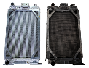 a dirty and cleaned radiator side-by-side